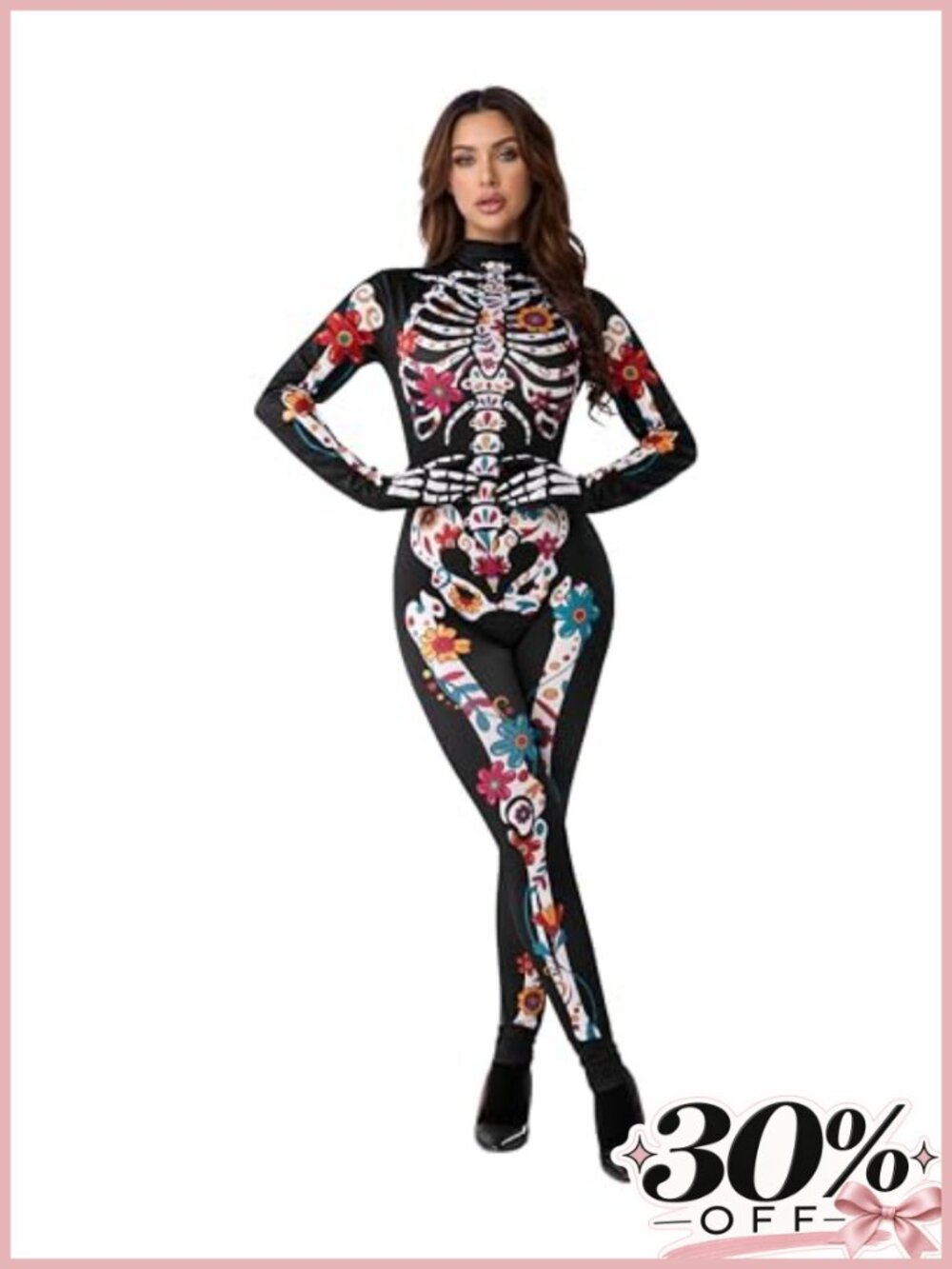 Womens Halloween Floral Skeleton Jumpsuit Costume with Gloves Slim Fit